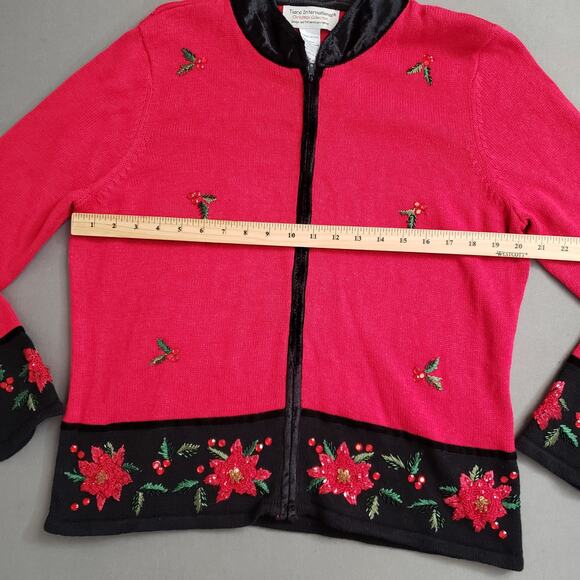 Tiara International Christmas Cardigan‎ Large Festive Red Poinsettia Embroidery - Picture 11 of 13